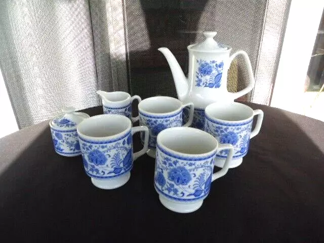 vintage retro  boho blue & white coffee tea set pot sugar milk jug 4 mugs Japan