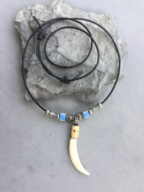 Coyote Tooth Fang Skull Necklace Leather Cord Silver Tone Beads 18"-24" Handmade