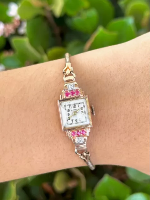 Royce Watch 14k. Rose Gold Diamonds Rubies 17 Jewels Swiss Working 1950s Vintage