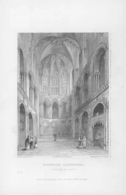1838 Antique Engraving NORWICH CATHEDRAL EAST END OF CHOIR Norfolk (WC36)