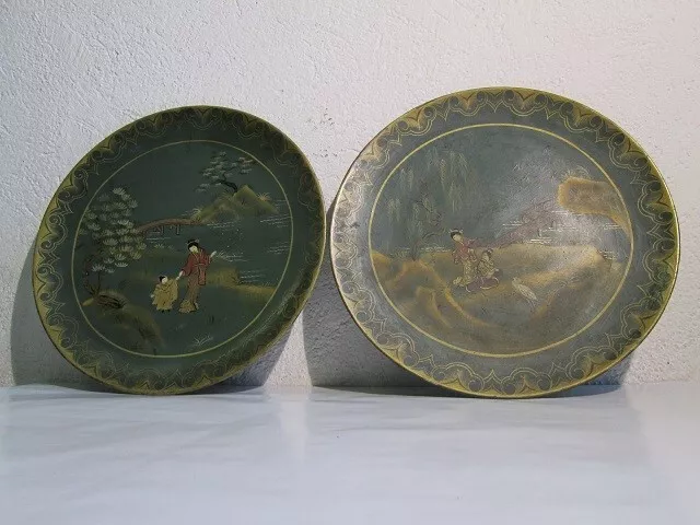 Dishes Wood Oriental Wall Hand Painted Chinese Collection Vintage Xx Century