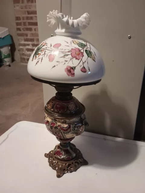 Vintage Art Nouveau French Table Oil Lamp Red Parlor Victorian