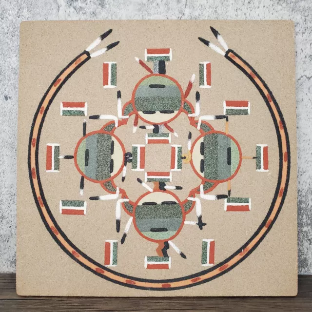 Navajo Sand Painting "Four Houses of the Sun" Signed R. Castillo 13" x 13"