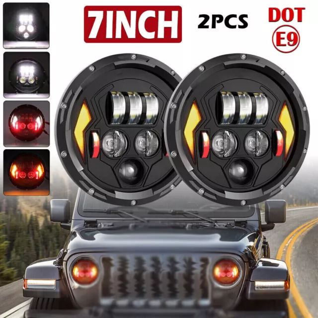 PAIR 7" Inch Round LED halo Headlights Hi-Lo Beam For Jeep Wrangler JK TJ LJ CJ