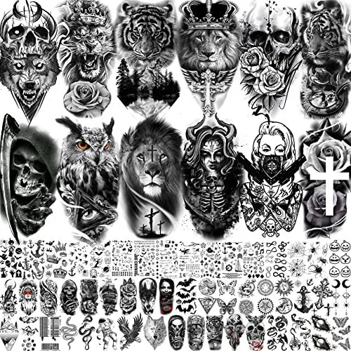 VANTATY 50 Sheets Black Temporary Tattoos For Men Adults Ealge Dragon Lion  Wolf Animals For Women Neck Arm Thigh, Fake Small Skull Tattoo Sticker For