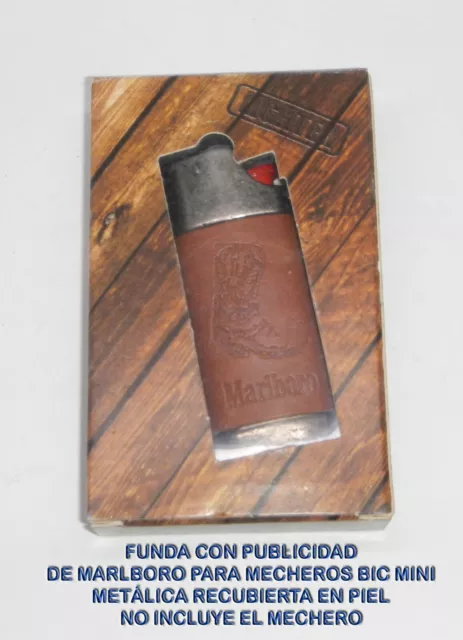 Funda Con Publicidad De Marlboro Para Mini Bic Metal Y Piel Vintage Sin Mechero