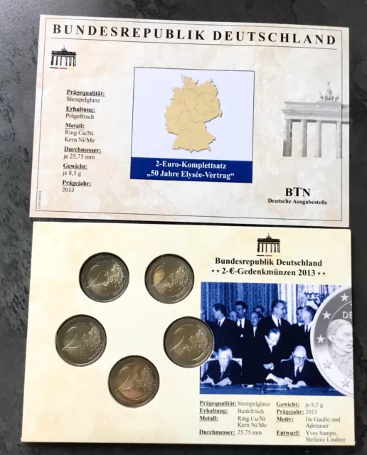 5 x 2€ Euro Set Gedenkmünzen 2013 50 Jahre Élysée Vertrag A D F G J Stempelg OVP