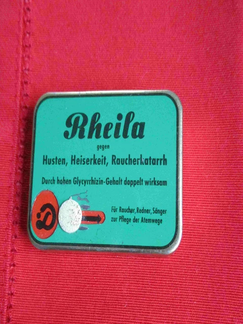 Alte Blechdose von Rheila gegen Husten, Heiserkeit, Raucherkatarrh Leer