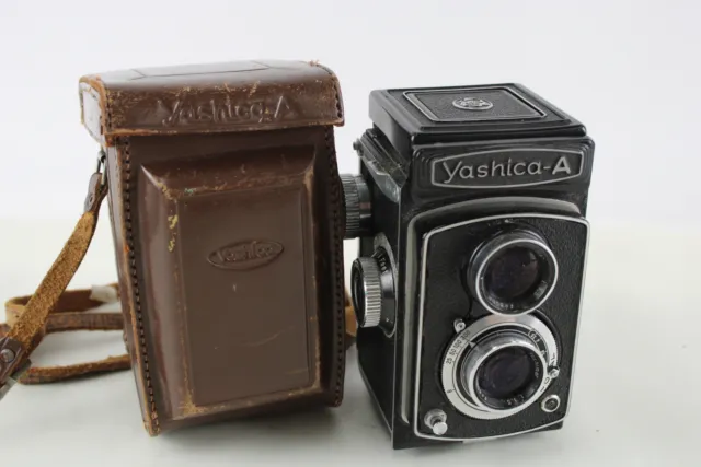 CÁMARA DE DOBLE LENTE Yashica-A de colección con lentes de 80 mm F/3,5 y estuche original FUNCIONA