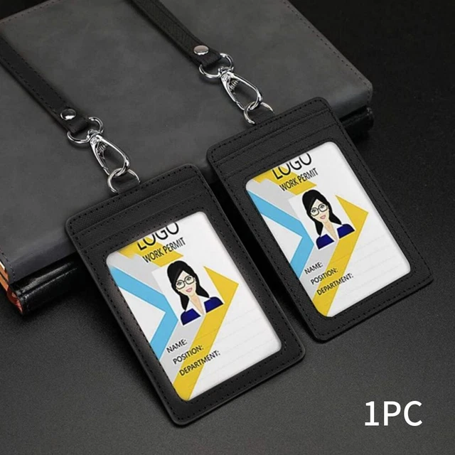 Badge Holder PU Leather Neck Strap Office ID Men Women Anti Scratch Card Slots