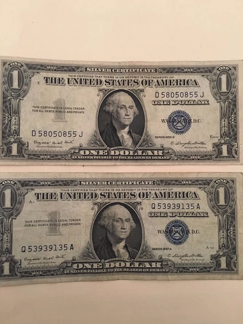 2 old 1957 One Dollar Bills Well Circulated Silver Certificate Vintage