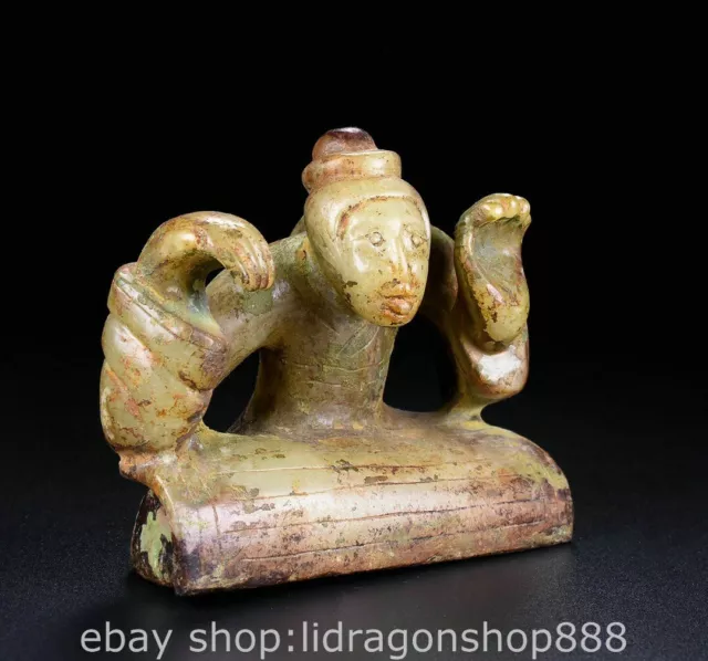 4" Chinese Old Hetian Jade Carving Sit Human Man Domestic Servant Sculpture