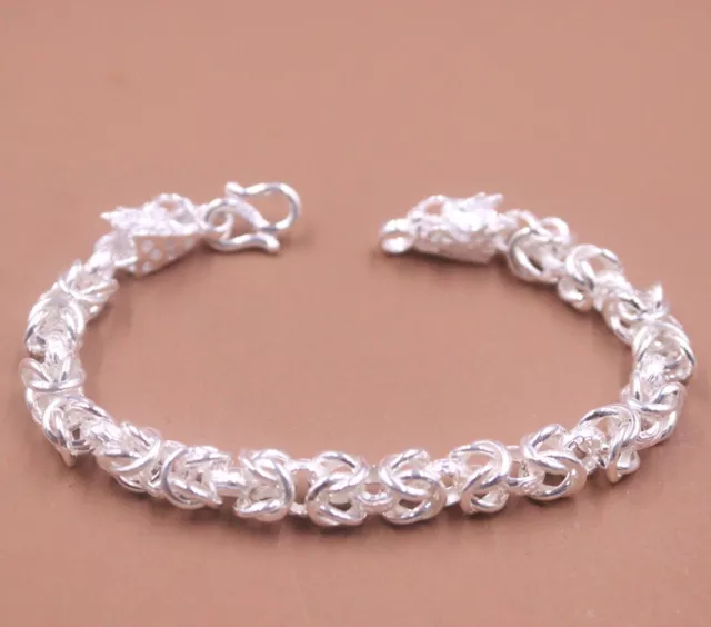 Pure S999 Sterling Silver Chain 7mm Dragon Head Byzantine Link Bracelet 15-16g 3