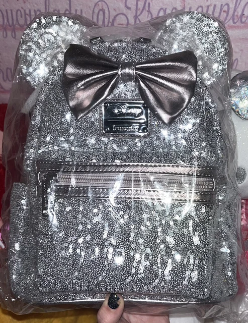 SOLD OUT Loungefly Disney Mickey Minnie Mouse Silver LASR Sequin Mini Backpack