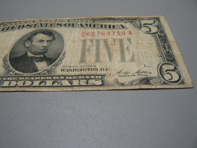 1928 Five Dollar Bill $5 United States Note Red Seal 3