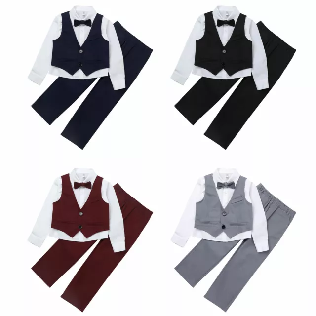 Boys Formal Party Suit Dress Shirt Vest Bow Tie Trousers Wedding Tuxedo Outfits