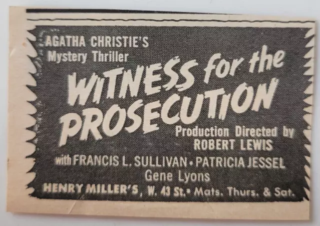 Agatha Christie "Witness For The Prosecution" Original 1956 Print Ad ~2.5x1.5"