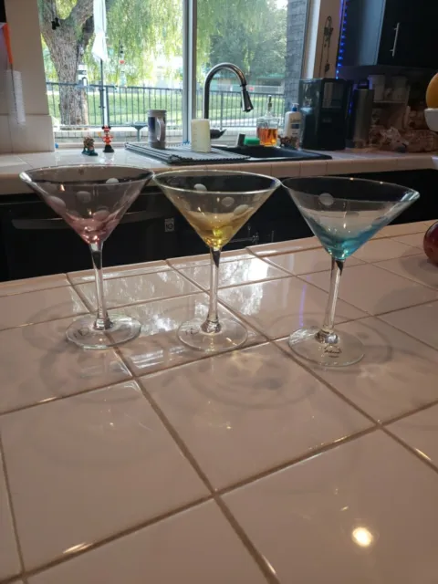 3 Artland HandBlown Polka Dot Martini Yellow & Blue Pink  Glasses