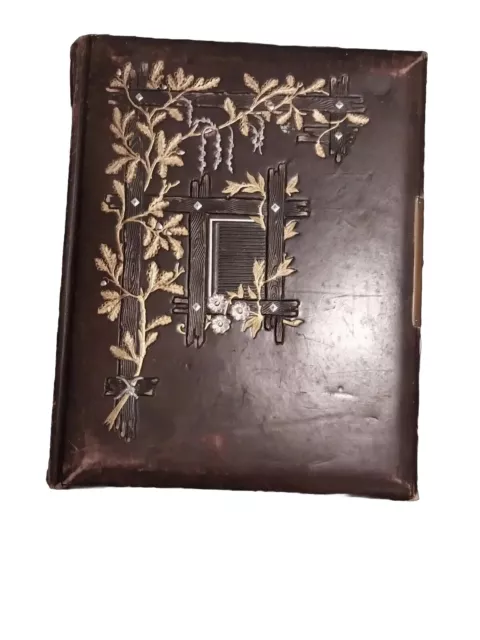 Antique victorian Celluloid photo album with photographs on stand with  drawer