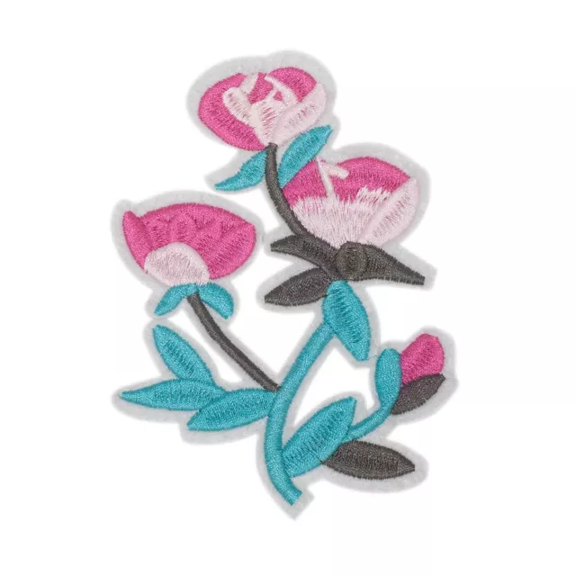 Blue Pink Flower (Iron On) Embroidery Applique Patch Sew Iron Badge