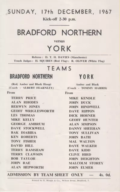 Bradford Northern v York Rugby League teamsheet 17/12/67