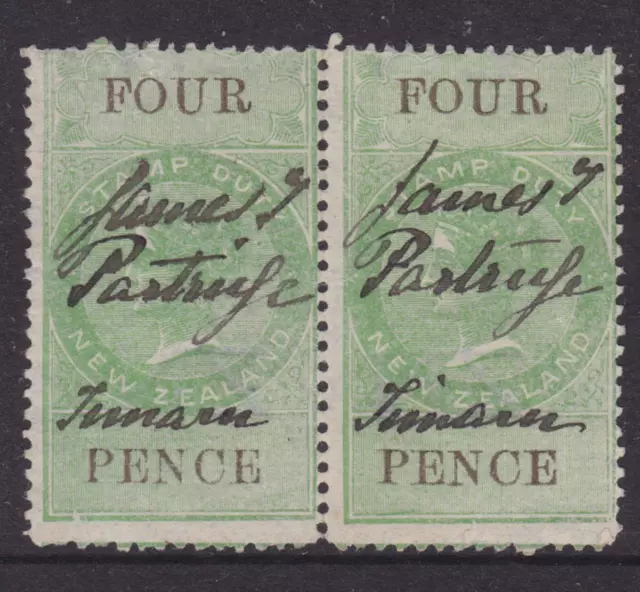 NEW ZEALAND EARLY 1868-78 4d GREEN QV STAMP DUTY PAIR USED (QC117)