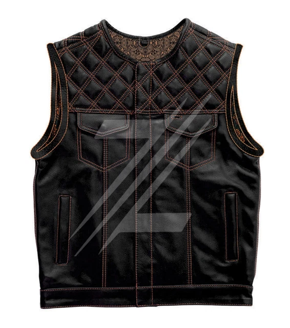 Men's Leather Vest Hunting Riders Diamond Quilted Orange Paisley Motorcycle Vest
