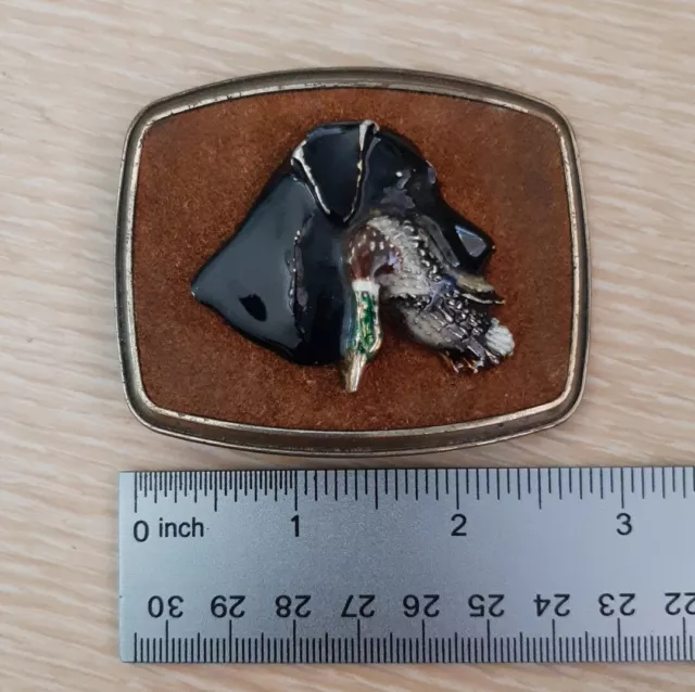 Vintage 1979 Raintree belt buckle~ Black Lab holding a duck in its mouth -3" L