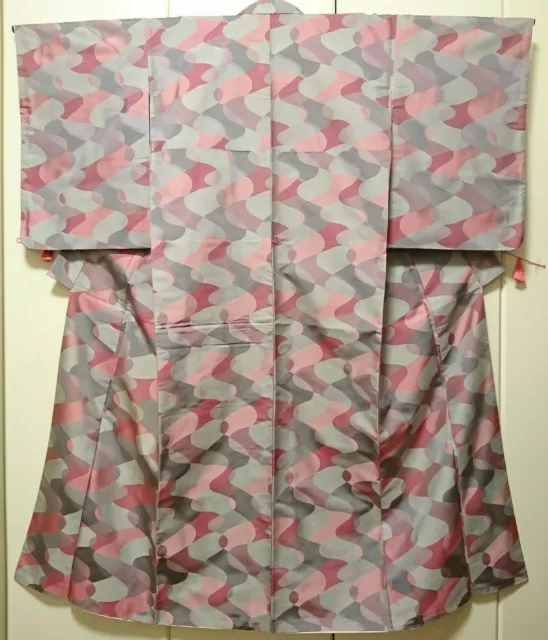 Woman Japanese Kimono Komon Silk Pink Gray Geometric
