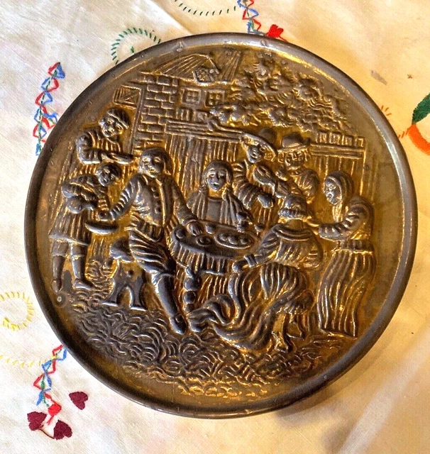 Antiguo Cuadro Plato Escena de La Taberna Medieval Vintage Cobre Push