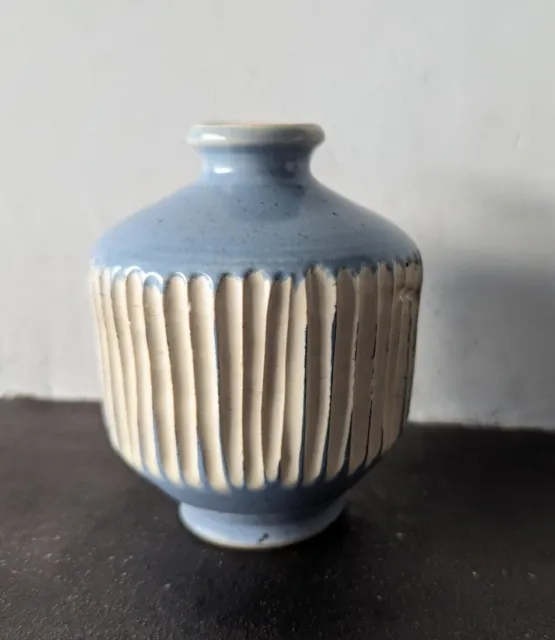 Buckfast Abbey Studio Pottery Blue Vase With Incised Lined Mary Gibson