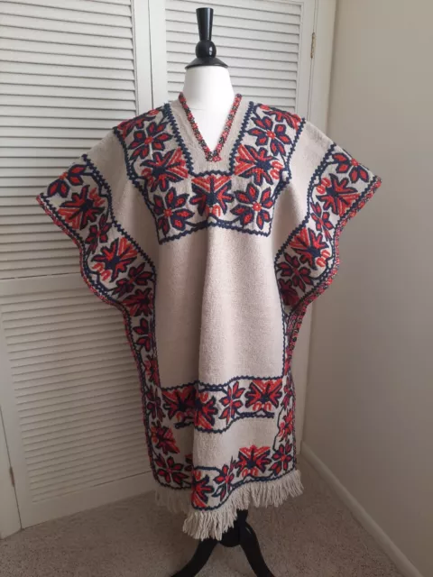 Vintage Native American Embroidered Navajo Burlap/Wool? Poncho Caftan Boho