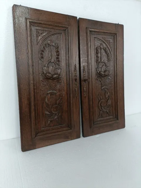 Pair Antique French hand Carved Wood Oak Door Panels Reclaimed Architectural Flo 3