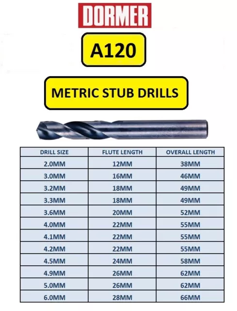 Dormer A120 Stub Drill Metric Sizes From 2.0Mm To 6.0Mm Dormer Hss Stub Drills 2