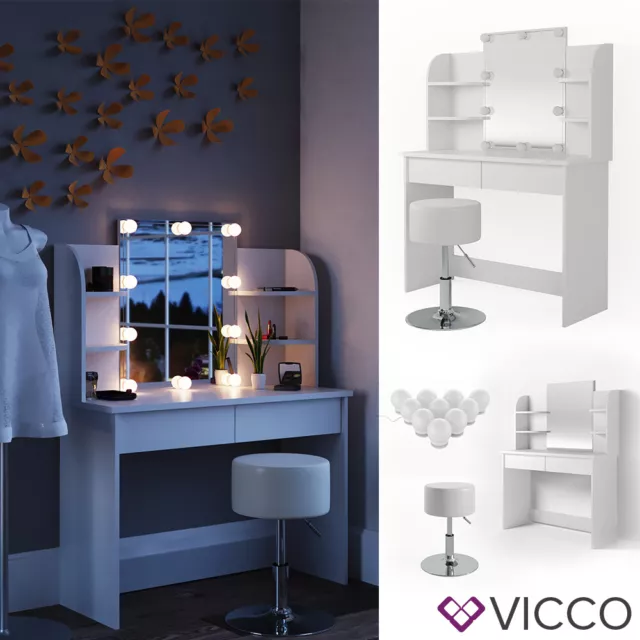 Vicco Table de maquillage Charlotte commode de coiffeuse LED blanc + tabouret