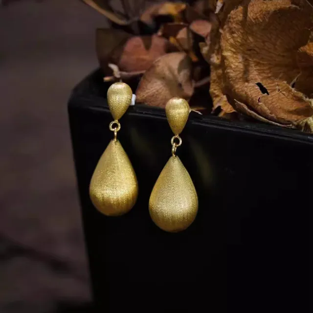 Authentic 18K Gold Earrings Water Drop Dangle Frosting Teardrop 100% Yellow Gold