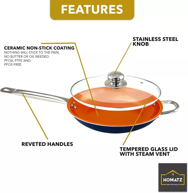 Homatz Non Stick Frying Pan with Lid - 30cm Large Ceramic Copper infused Coating 2