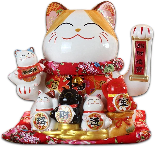 Large Ceramic Maneki Neko Beckoning Lucky Money Cat Waving Arm For Good Fortune