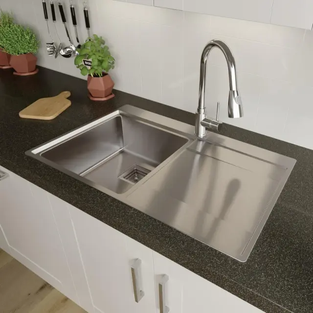 Sinkoro 1.0 Bowl Kitchen Sink Stainless Steel Square Inset Right Drainer Waste