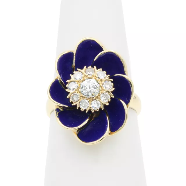 14 Karat Gelbgold Diamant 0,42 insgesamt CTW & Blau Emaille Blume Größe 6 Ring #J75987-1