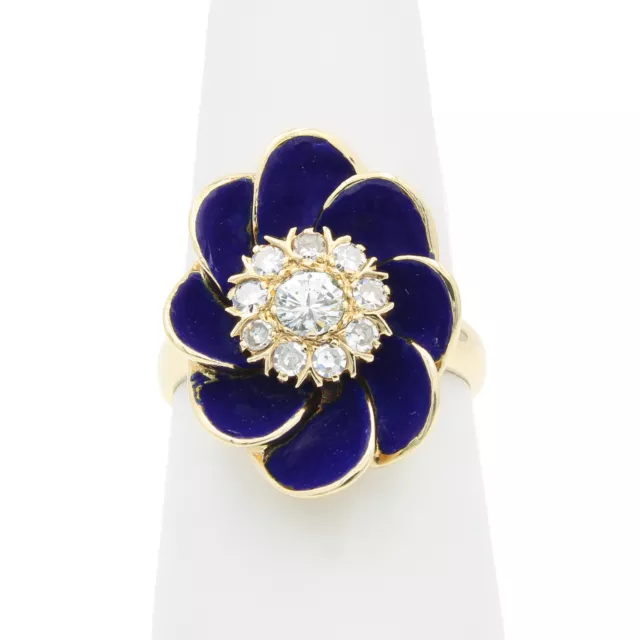 14k Yellow Gold Diamond .42 Total CTW & Blue Enamel Flower Size 6 Ring #J75987-1