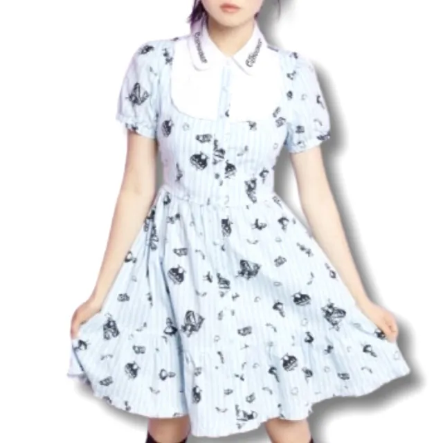 Disney “Curious Curiouser” Peter Pan Collar Alice In Wonderland Print Dress XS