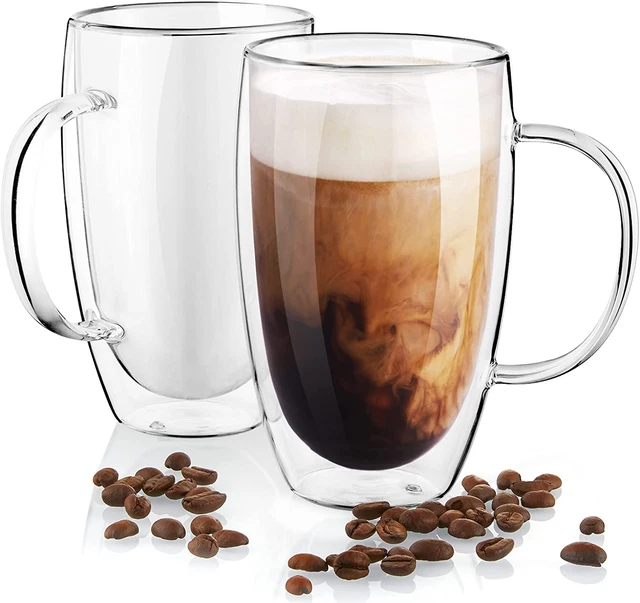 Double Wall Glass Coffee Mugs Set of 2, 16 Oz Insulated and Microwave Safe
