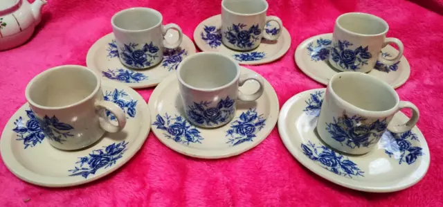 Vintage SET OF 6 ESPRESSO Demitasse Cups, Saucers Blue Roses REPUBLIC OF CHINA