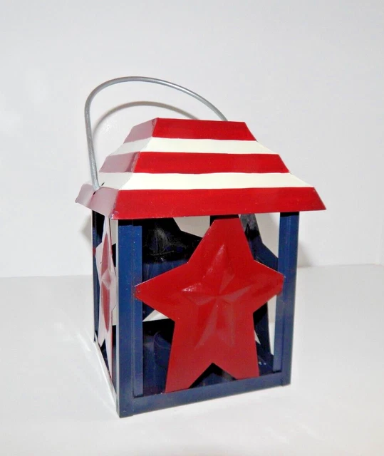 Hanging/Freestanding Stars Tea Light Candle Holder/Lantern Red, White & Blue Tin