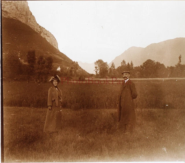Couple Montagne c1900 Photo Plaque de verre Stereo Vintage P29L15n17