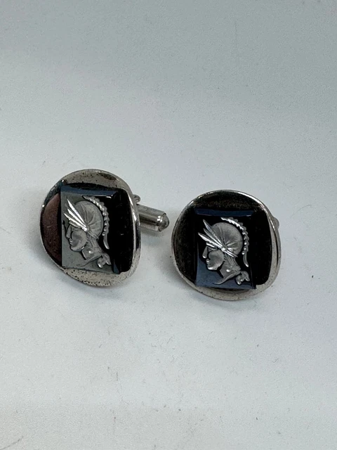 Boutons De Manchettes Vintage Tête Guerrier Romain Grec - Argenté Ovale - Très Bon état
