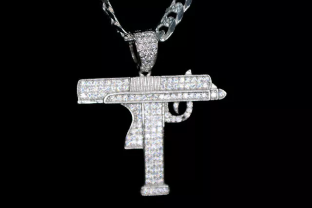 Uzi Pendant with Necklace 925 Silver Chain Micro Pave Stones Assault Riffle NEW