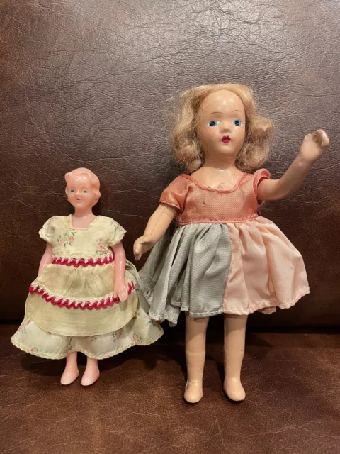 Vintage A Lot of Two Dolls- MBC NY Composition Doll 7” & Celluloid Girl Doll 5"