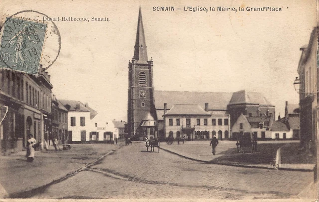 Carte Postale Ancienne Dept 59 Nord - Somain l' Eglise la Mairie la Grand' place